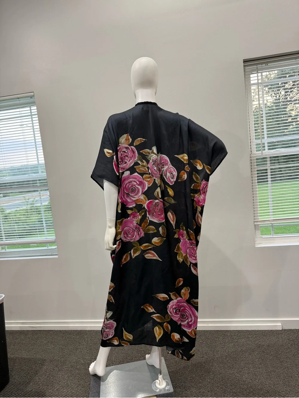 Black Floral Kimono Robe with Pink Rose Print